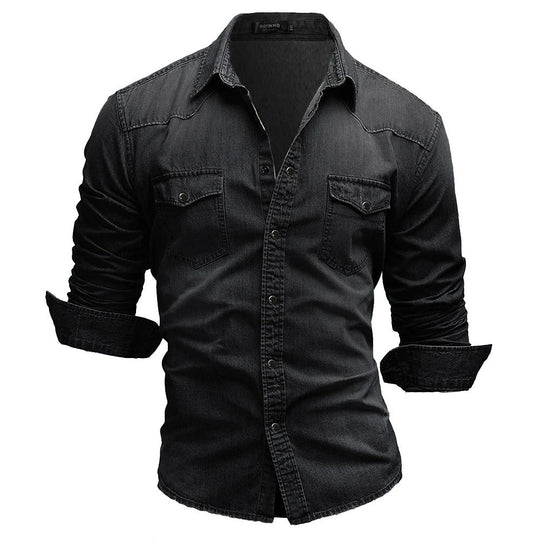 Herren Denim Hemd Retro Stil mit Knopf-Taschen 6