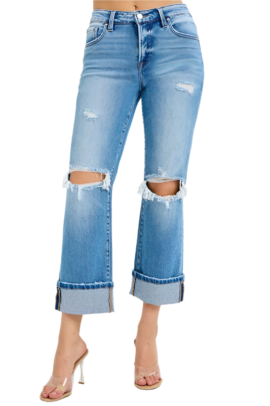 Herren Jeans Straight Fit Denim mit Umschlagbarem Saum 0