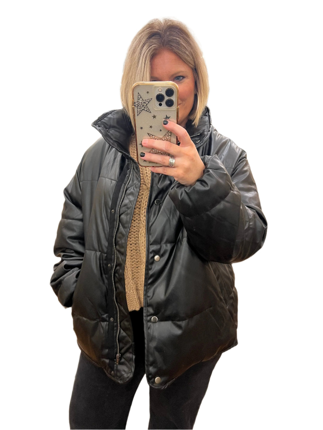 Herren Leder Pufferjacke Schwarz 0