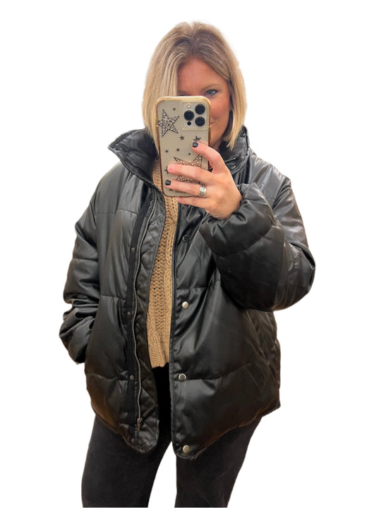 Herren Leder Pufferjacke Schwarz 0