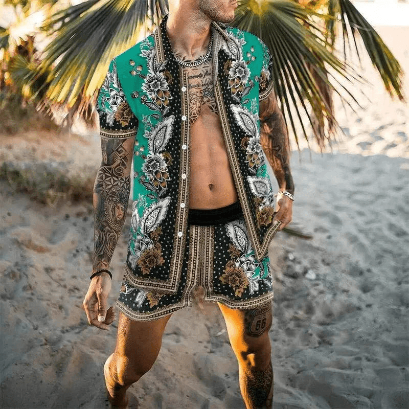 Herren Sommer Set Kurzarmhemd und Shorts mit Patchwork-Design 7