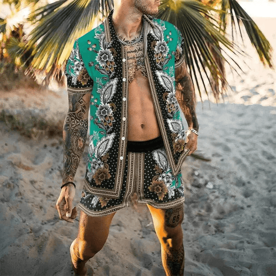 Herren Sommer Set Kurzarmhemd und Shorts mit Patchwork-Design 7