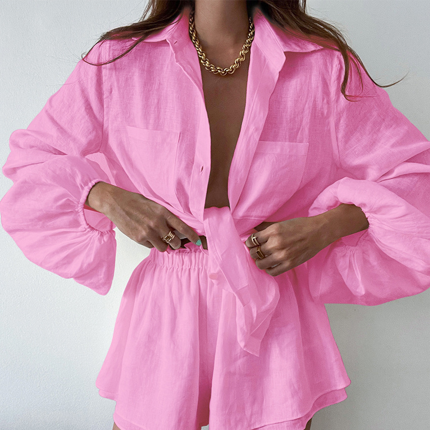 Variant image for Damen Set Leinenbluse und Shorts Elegantes Sommer Outfit-19