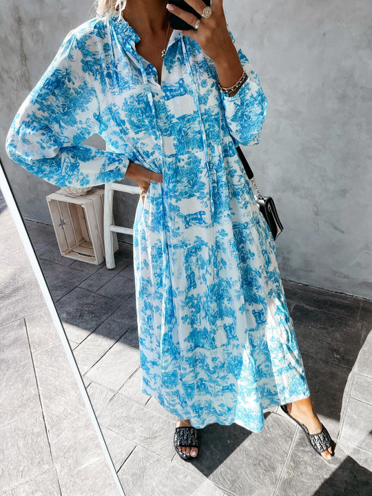 Damen Maxi Kleid Langarm V-Ausschnitt Rüschendetails Baumwollmischung