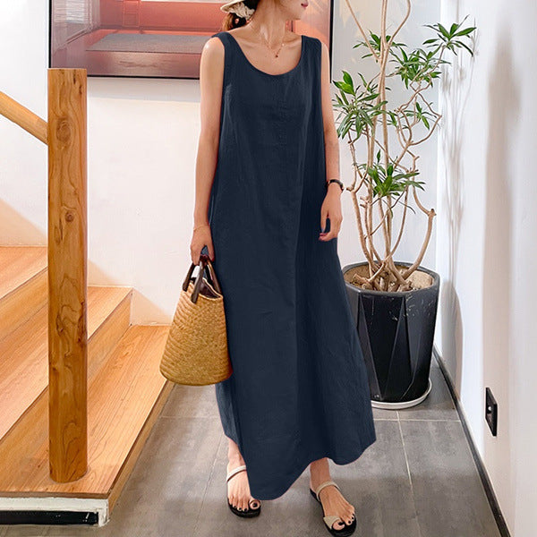 Damen Kleid Ärmellos Rundhals Lässig Baumwolle-Leinen-Mischung