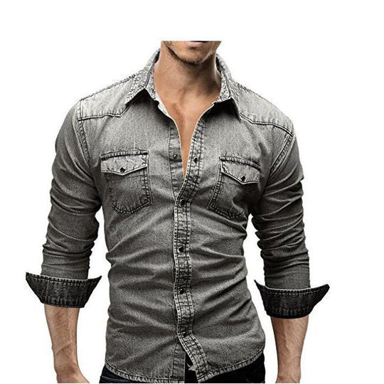 Herren Denim Hemd Retro Stil mit Knopf-Taschen