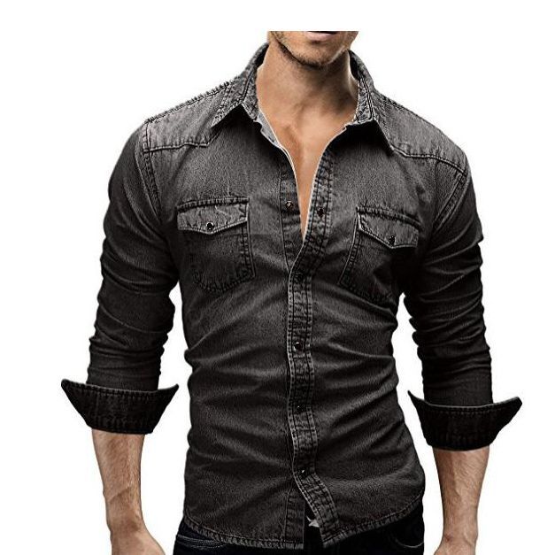 Herren Denim Hemd Retro Stil mit Knopf-Taschen