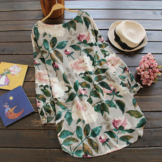 Retro Floral Langärmeliges Kleid