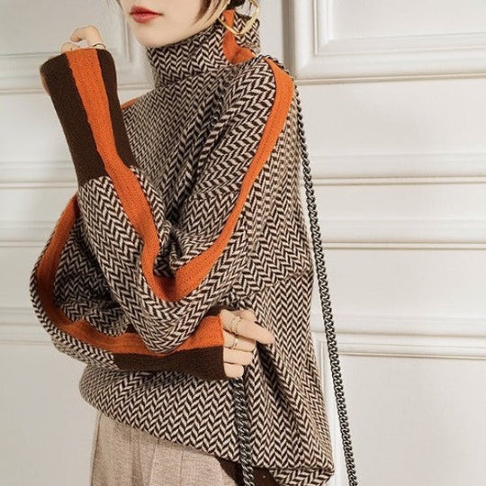 Damenpullover Gestreift Baumwolle Warm und Bequem für Winter 4