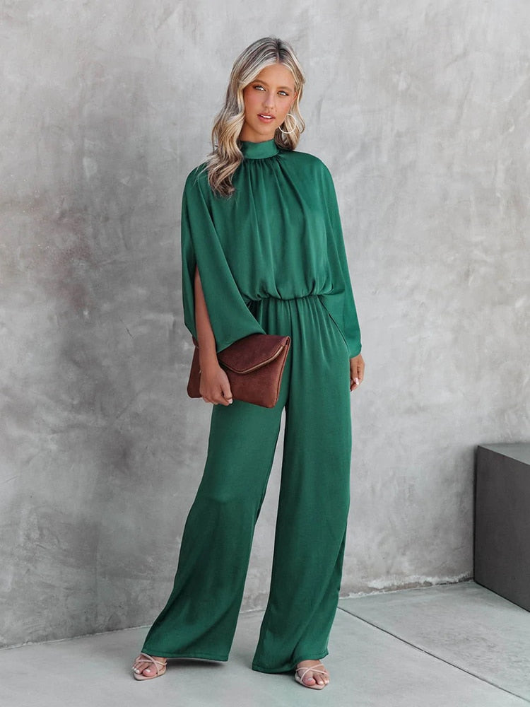 Damen Jumpsuit Festlich Eleganter Polyester Overall mit Weitem Bein und Langen Ärmeln-2