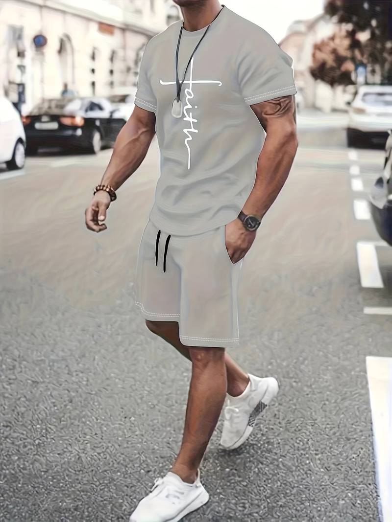 Variant image for Herren Set Kurzarm T-Shirt und Shorts Baumwolle mit Modernem Faith Print-7