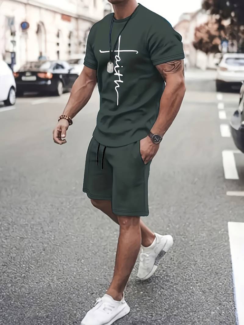 Variant image for Herren Set Kurzarm T-Shirt und Shorts Baumwolle mit Modernem Faith Print-13