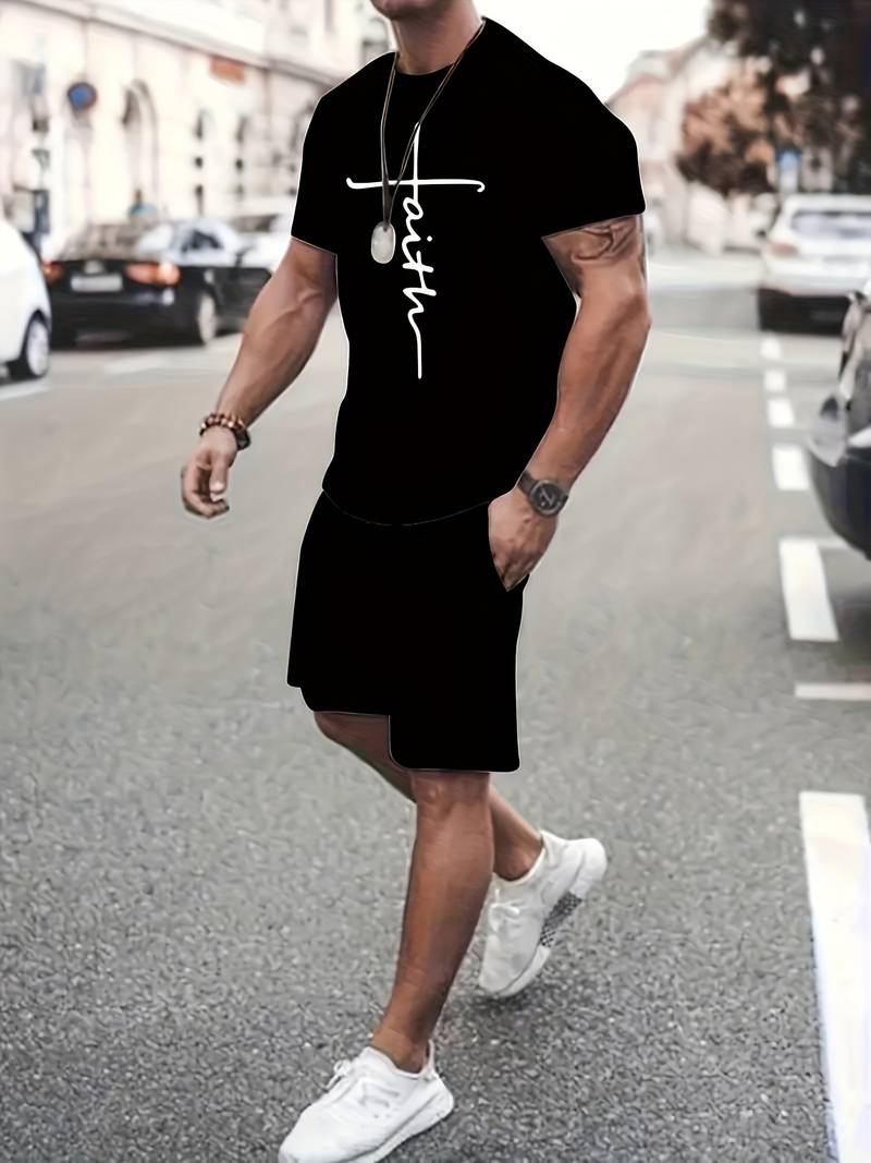 Variant image for Herren Set Kurzarm T-Shirt und Shorts Baumwolle mit Modernem Faith Print-19