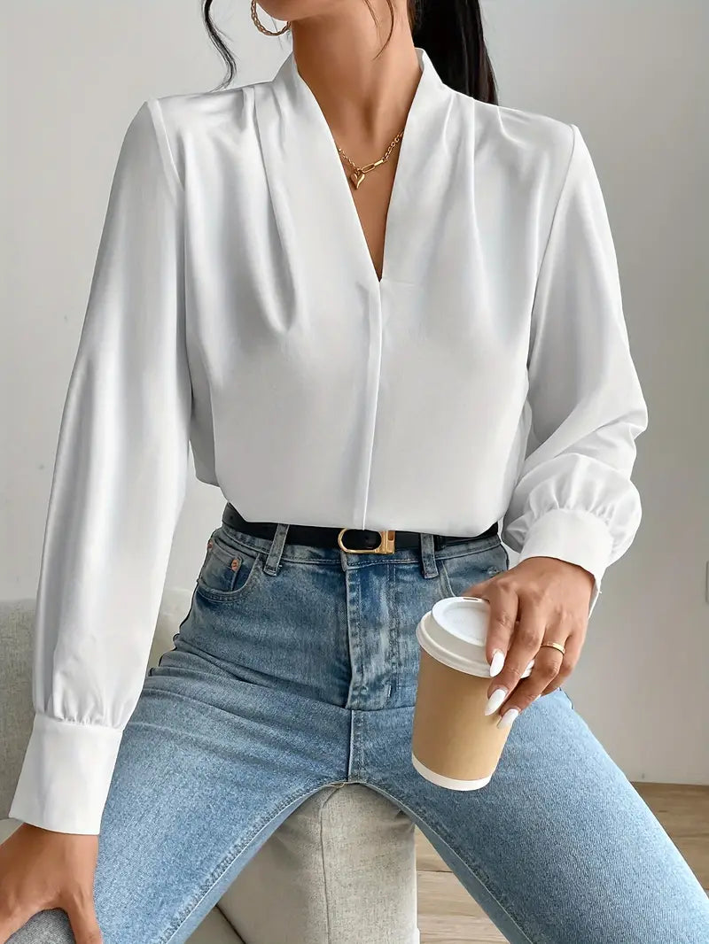 Variant image for Damenbluse Schwarz V-Hals Elegant Polyester Bequem-5