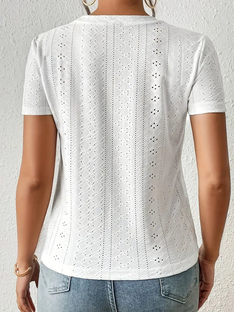 Damen T-Shirt Rundhals mit Ösen Baumwolle Lässig-3