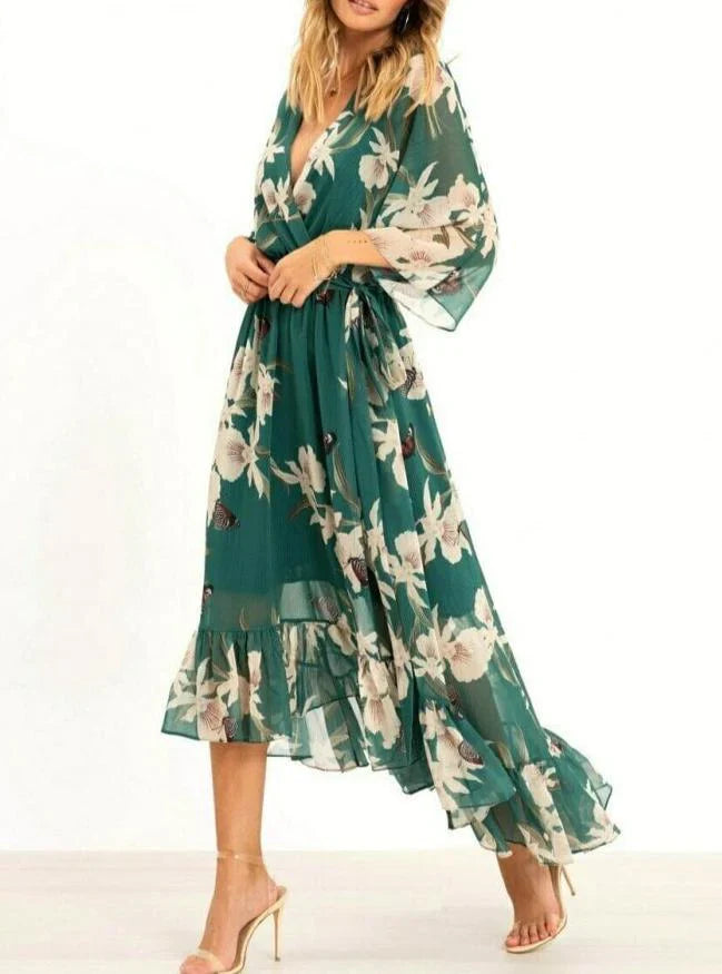 Damen Maxikleid Festlich V-Ausschnitt 3/4-Ärmel Hochwertiger Stoff-3