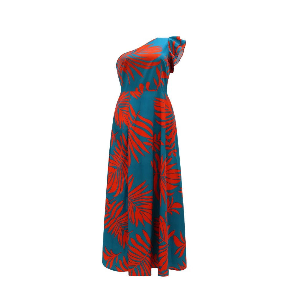 Ein-Schulter-Maxikleid mit tropischem Print