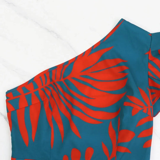 Ein-Schulter-Maxikleid mit tropischem Print