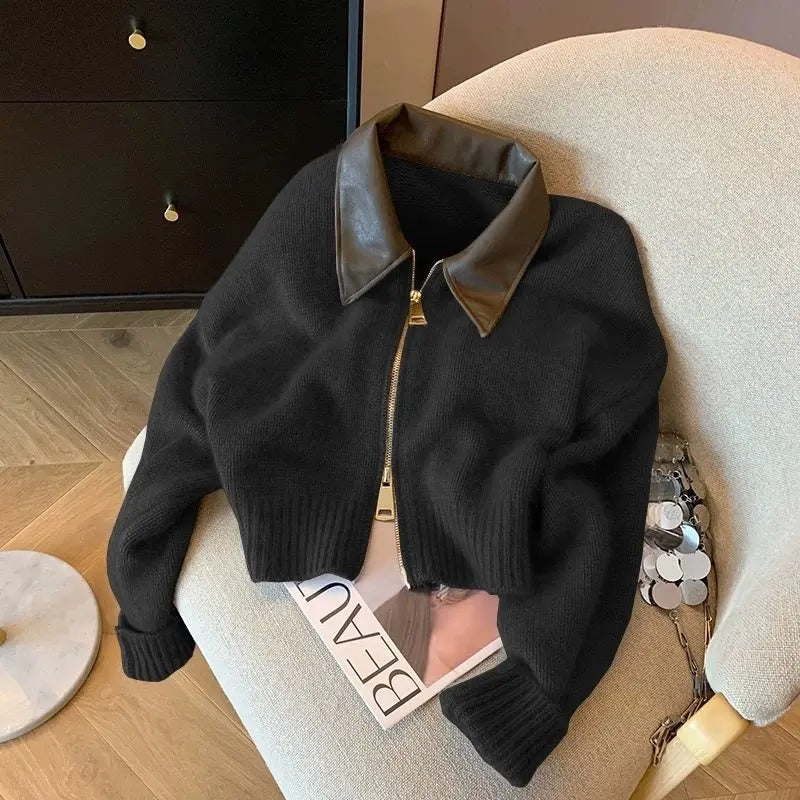 Strickpullover mit Ledercollier für Damen